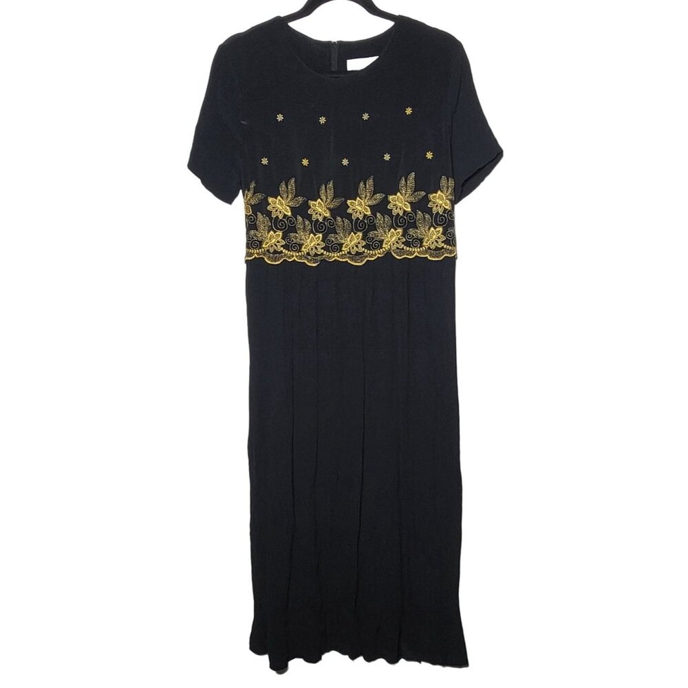 Vintage Another Thyme Gold Embroidered Midi‎ Dress Size 12 Petite 12P Romantic